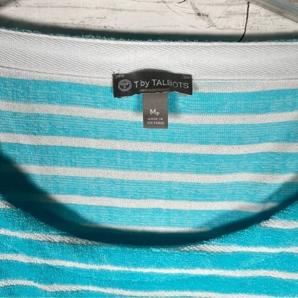 TALBOTS Striped Terry Cloth Top Drawstring Hem Turquoise White MP - Picture 5 of 7